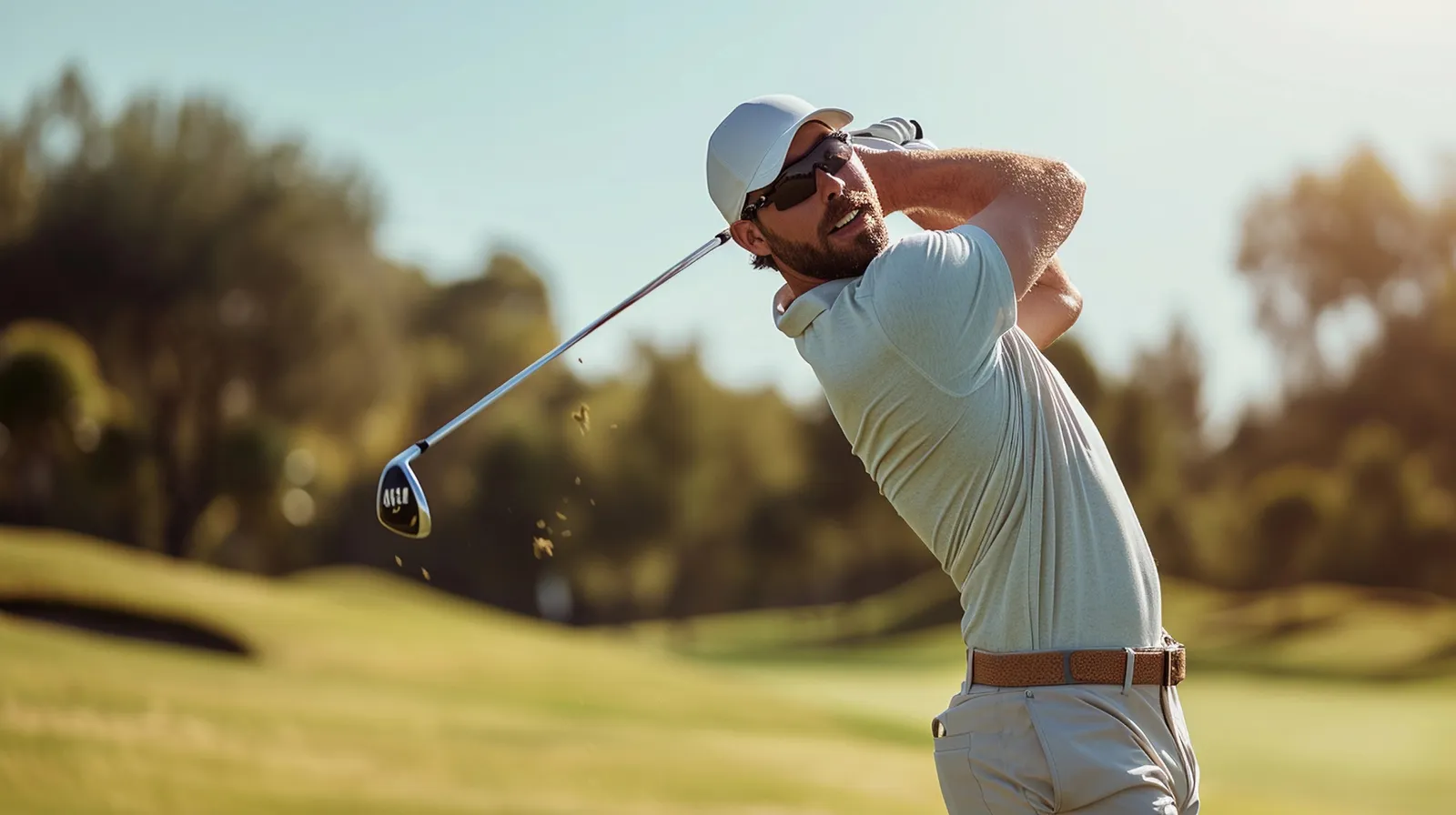 Golfer finishing a swing on a sunny course