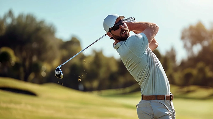 Golfer taking a swing on a sunny course